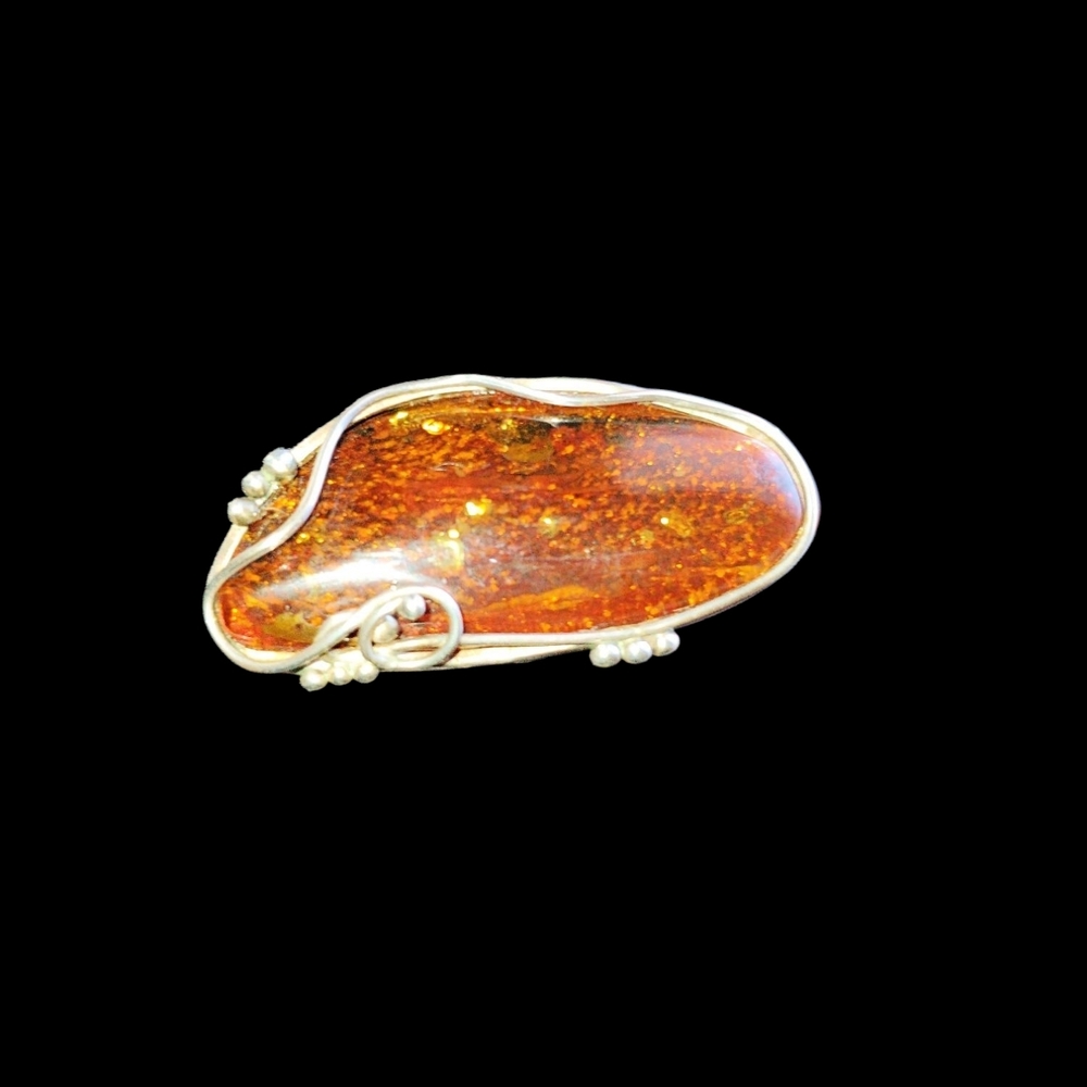 Amber Cabochon Statement Ring - Silver Setting - image 2
